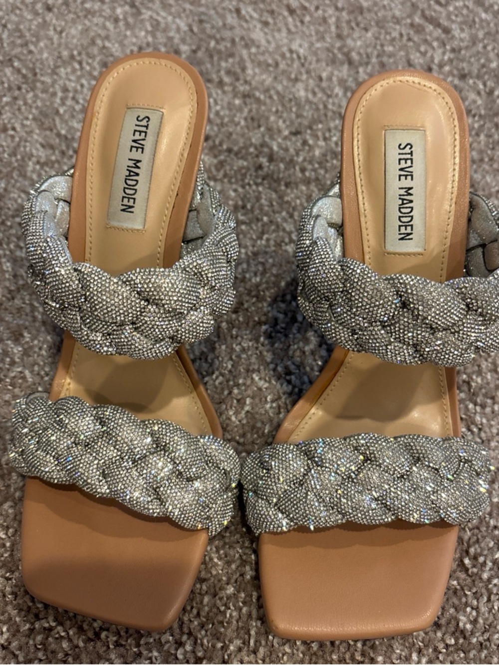 Steve Madden Braided Crystal-Embellished Slide Sandals in Silver and Tan